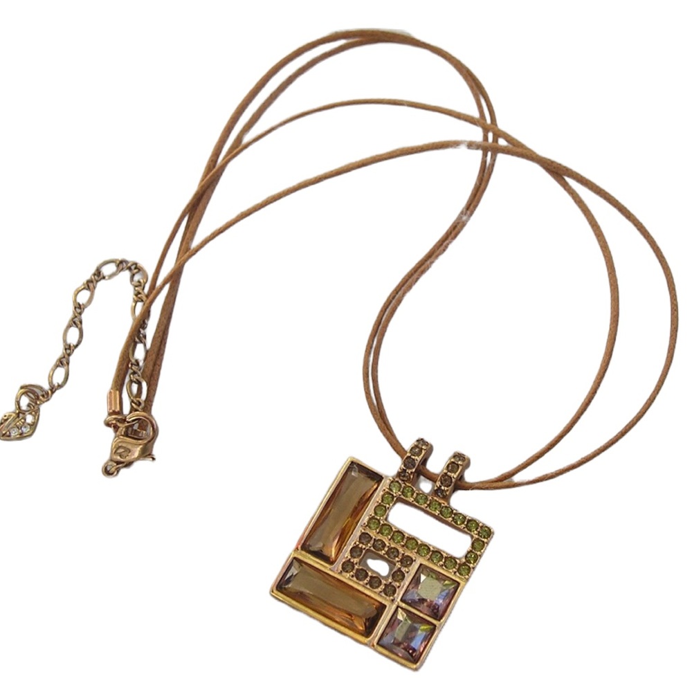 Swarovski Authentic (swan) Square crystal rose gold plt leather cord necklace